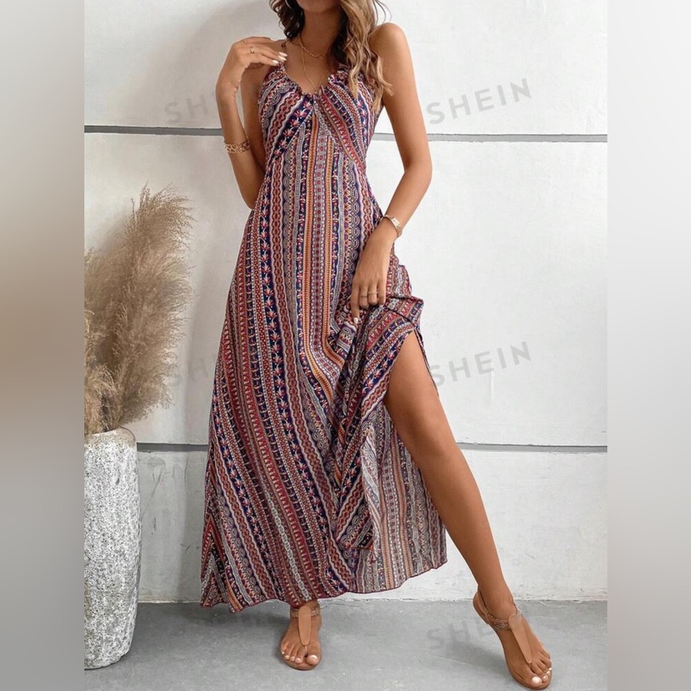 SHEIN Holidaya Geo Print Split Thigh Cami Dress